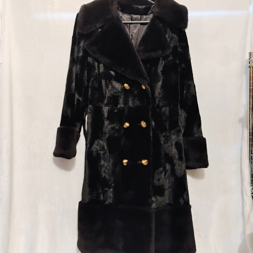 Vintage Rosewin Black Penny Lane Faux Fur Coat Long Jacket Belt Gold Button S 14